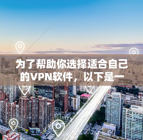 为了帮助你选择适合自己的VPN软件，以下是一些推荐的VPN软件和平台，涵盖不同需求的用户